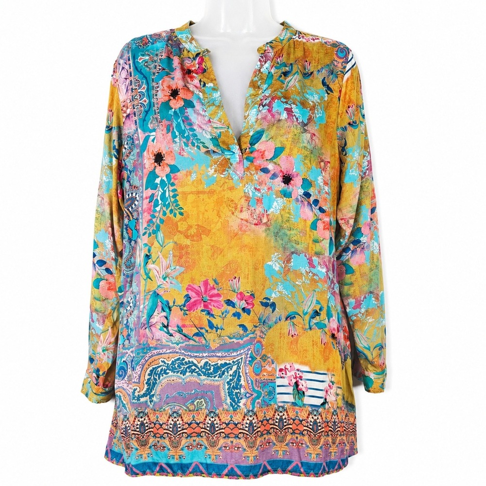 Soft Surroundings Tunic Top Womens XS Yellow Floral Paisley Modal Boho Coastal